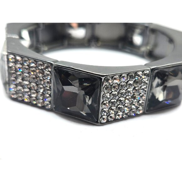 Gunmetal Stretch Bracelet Smoky Crystal Rhinestone Panels Statement Jewelry - Picture 2 of 3